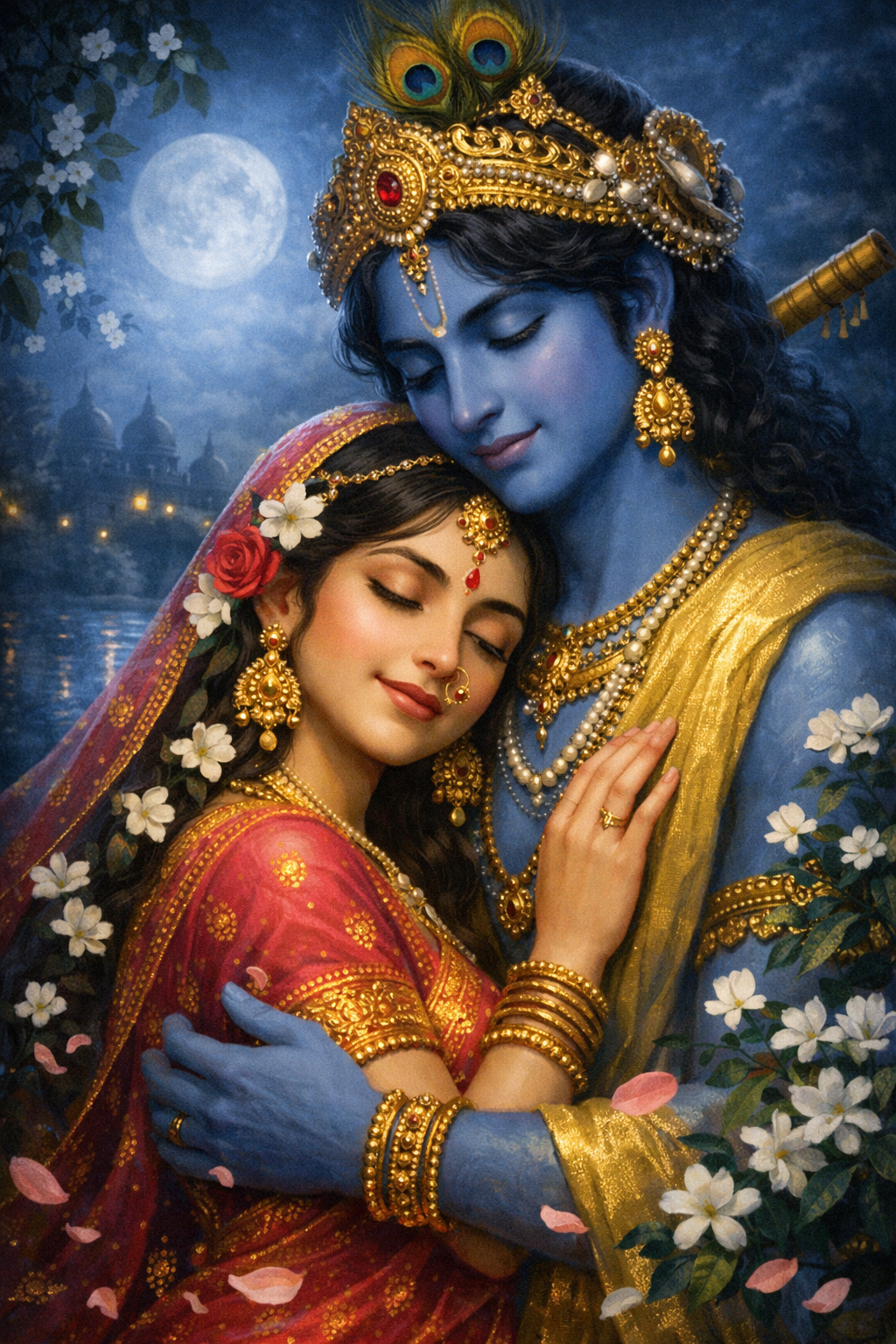 Radha and Krishna in tender embrace with Radha head on Krishna chest in moonlit jasmine garden — HD love wallpaper